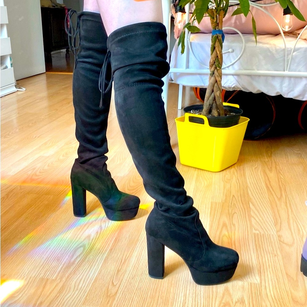 Black Over-the-Knee Velvet Women's Platform Heeled Boots - Picture 3 of 11